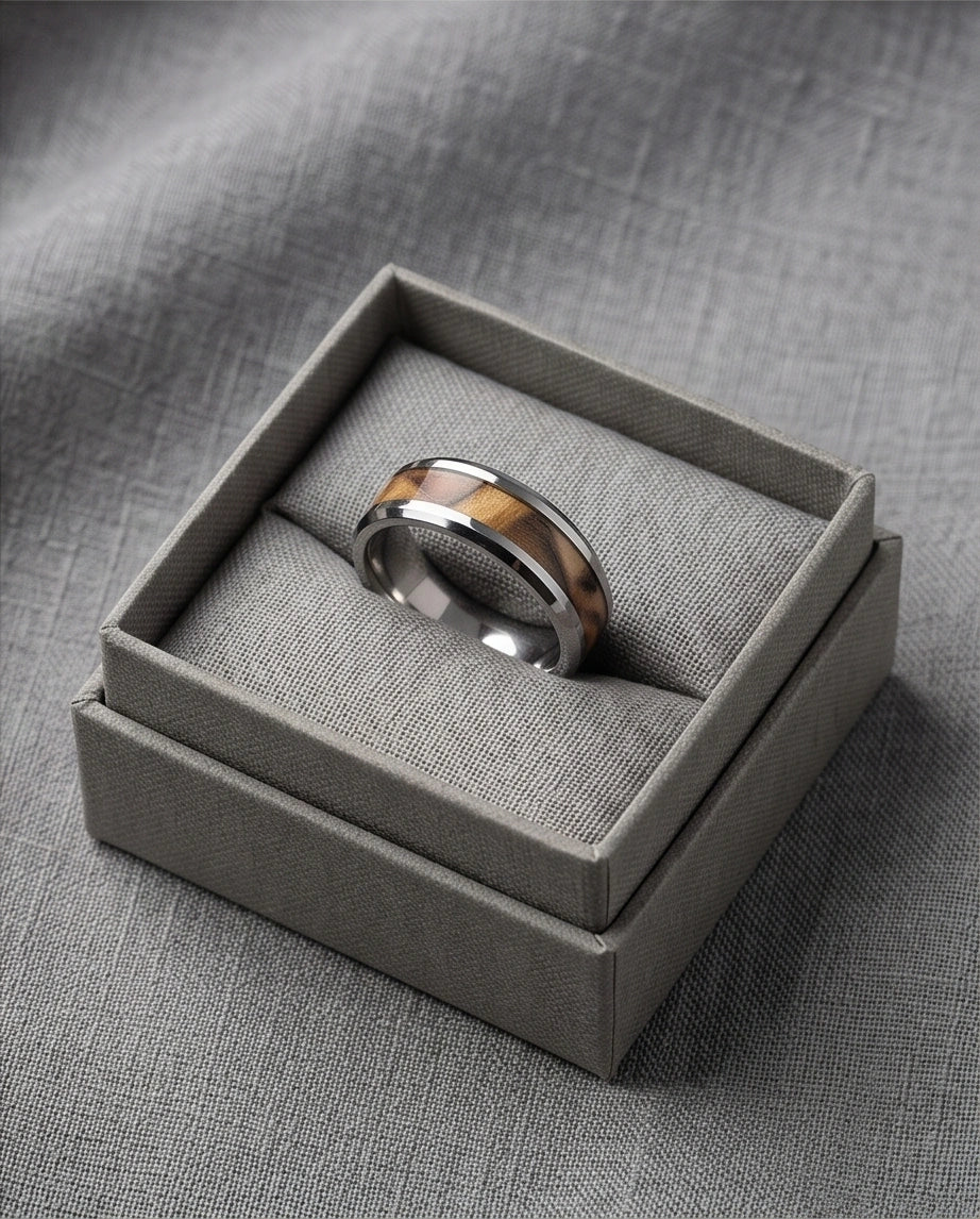 Natural Olive Wood Inlay Silver Band Ring