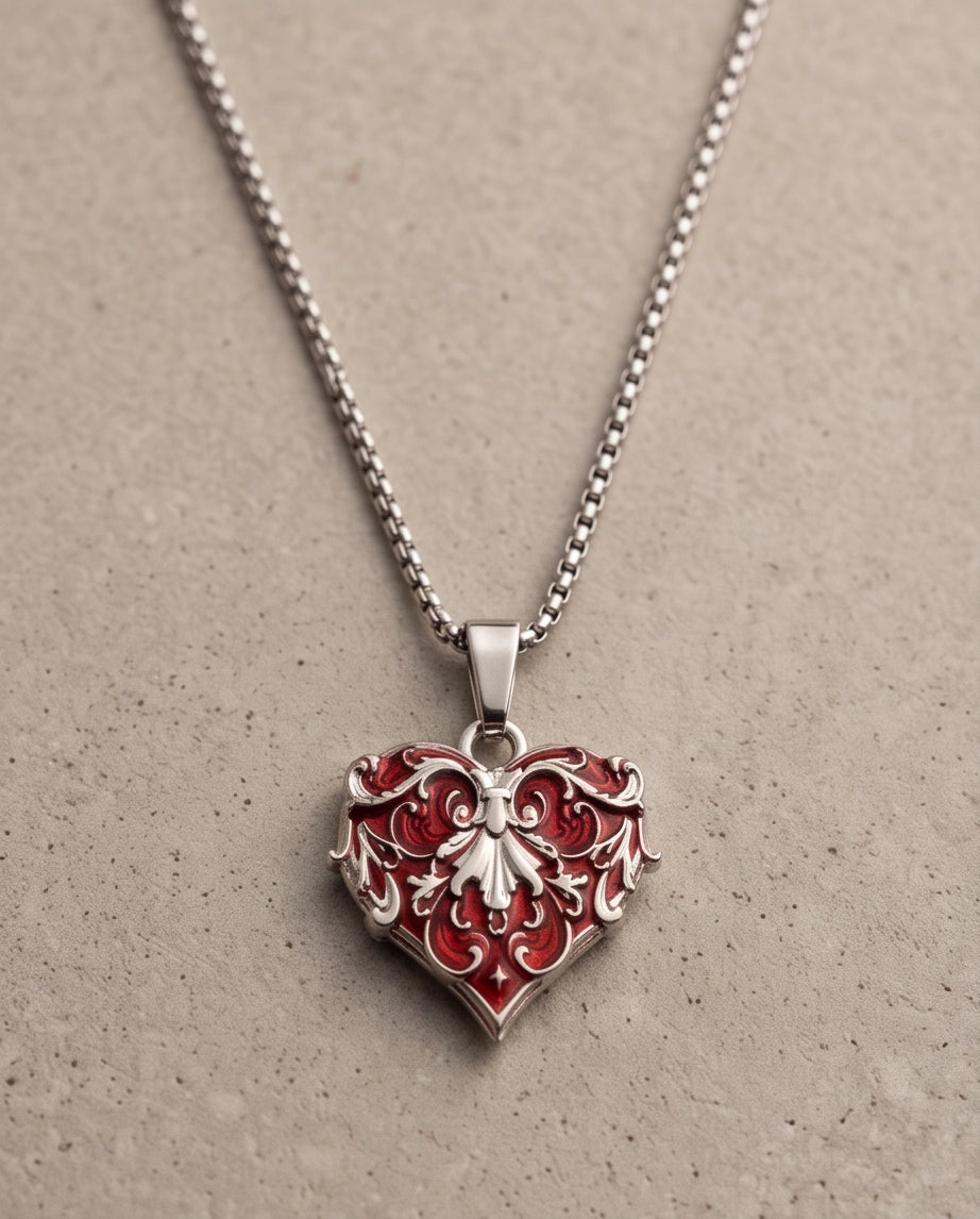 Silver Red Enamel Filigree Heart Pendant Necklace