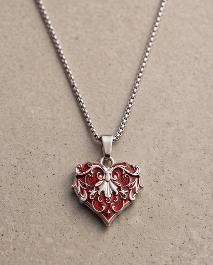 Silver Red Enamel Filigree Heart Pendant Necklace