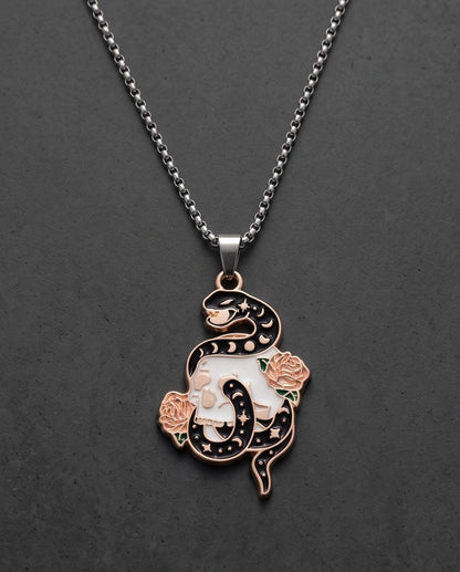 Gold Snake, Skull & Rose Enamel Pendant Necklace