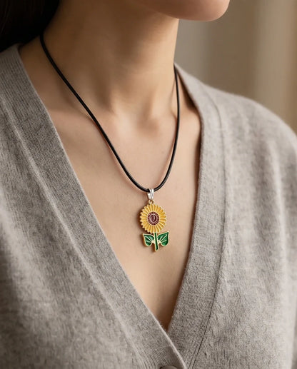 Vibrant Sunflower Enamel Pendant Necklace