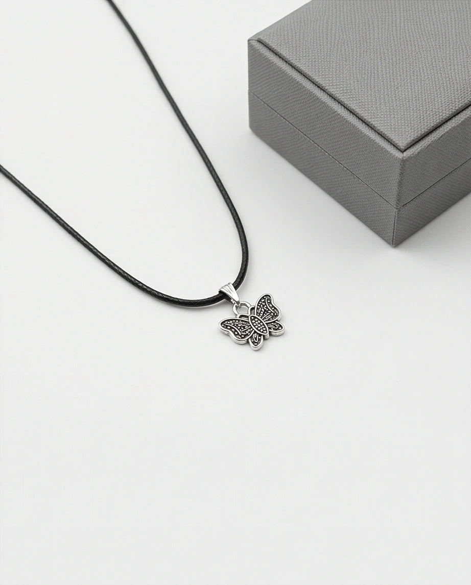 Silver Textured Butterfly Pendant Necklace