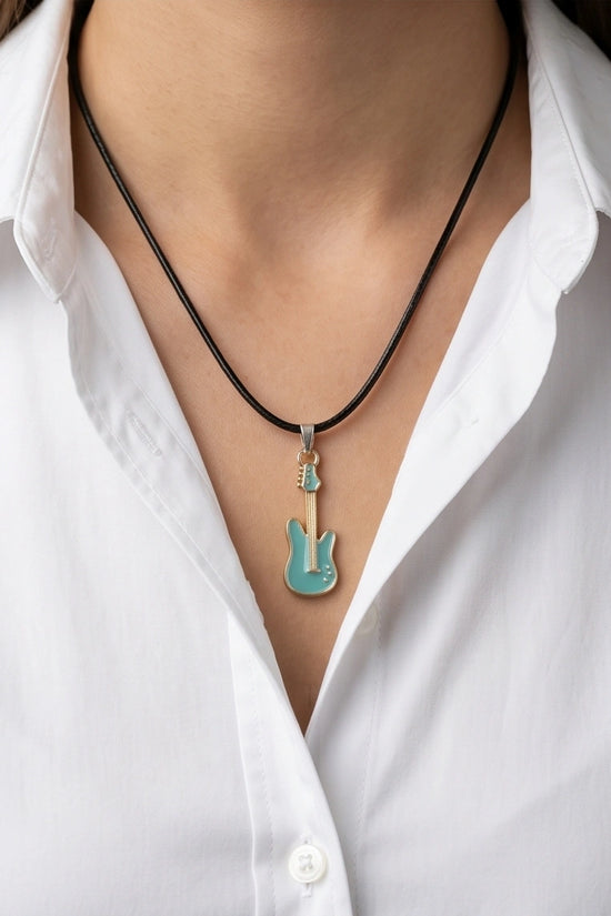 Gold and Turquoise Enamel Electric Guitar Necklace