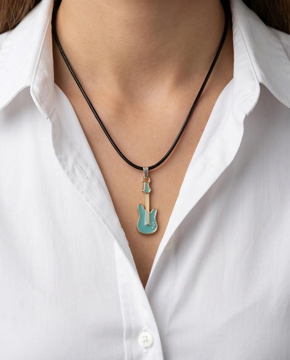 Gold and Turquoise Enamel Electric Guitar Necklace