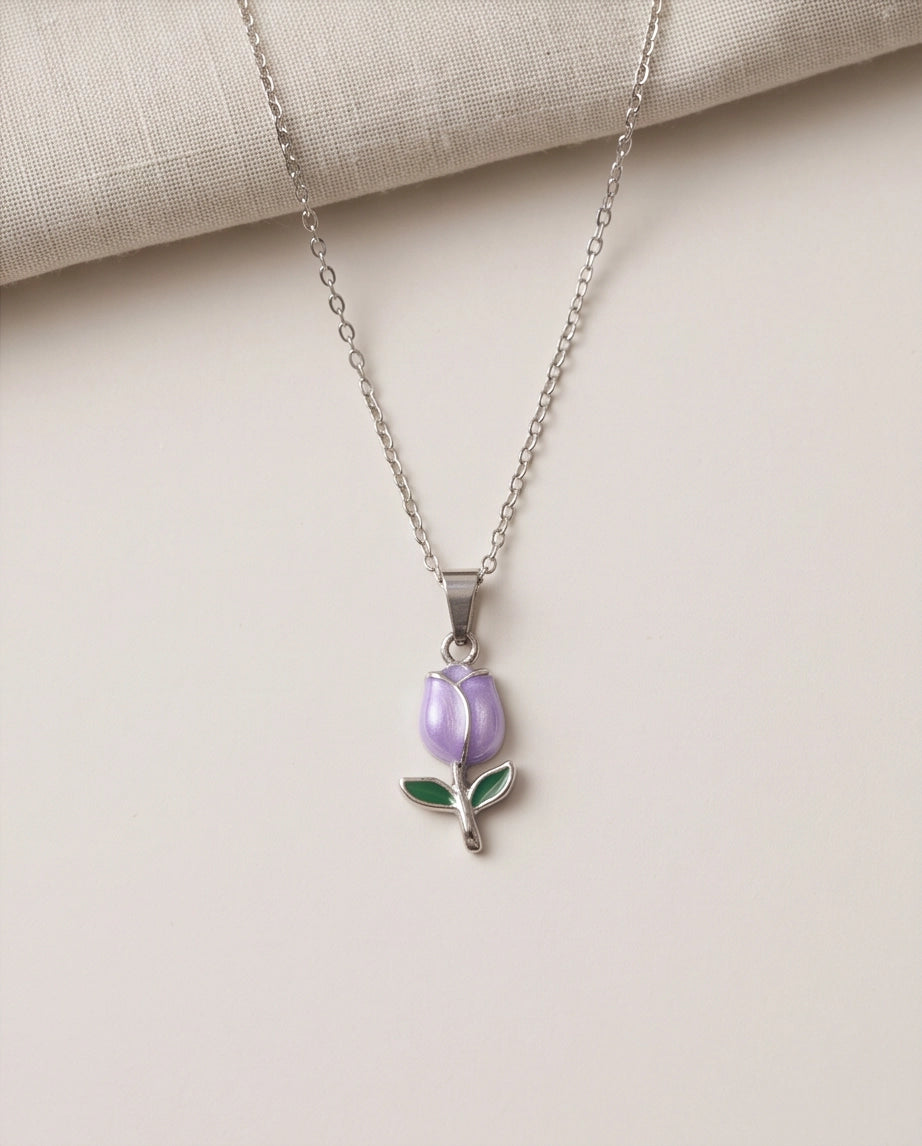 Silver Purple Enamel Tulip Pendant Necklace