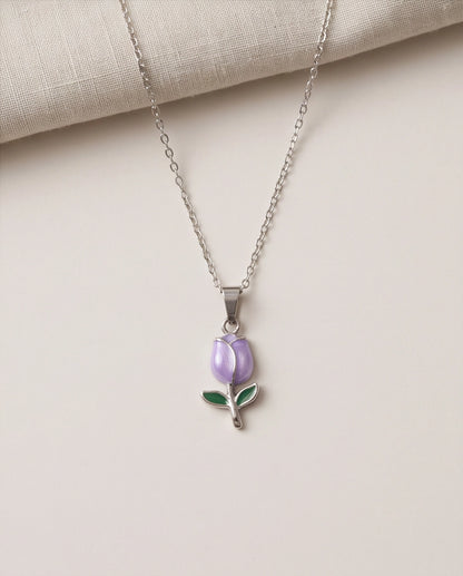 Silver Purple Enamel Tulip Pendant Necklace