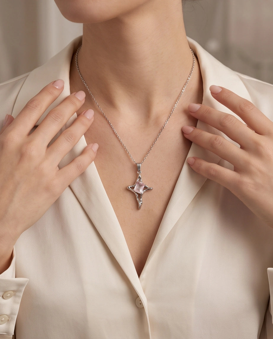 Silver Pink Gemstone Gothic Cross Pendant Necklace