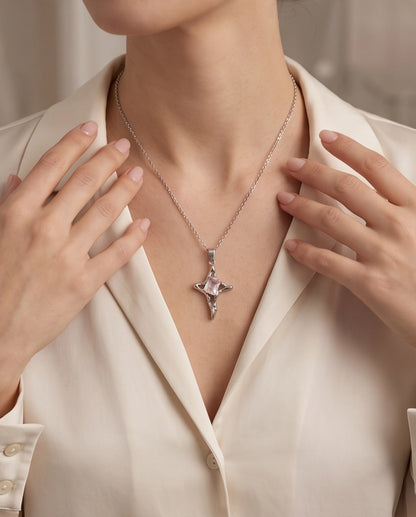 Silver Pink Gemstone Gothic Cross Pendant Necklace
