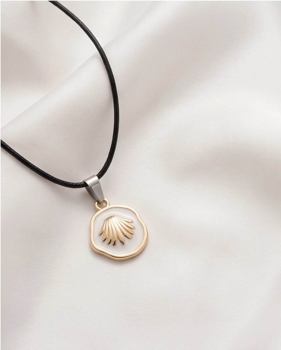 Gold White Enamel Seashell Medallion Pendant Necklace