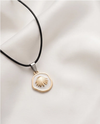 Gold White Enamel Seashell Medallion Pendant Necklace