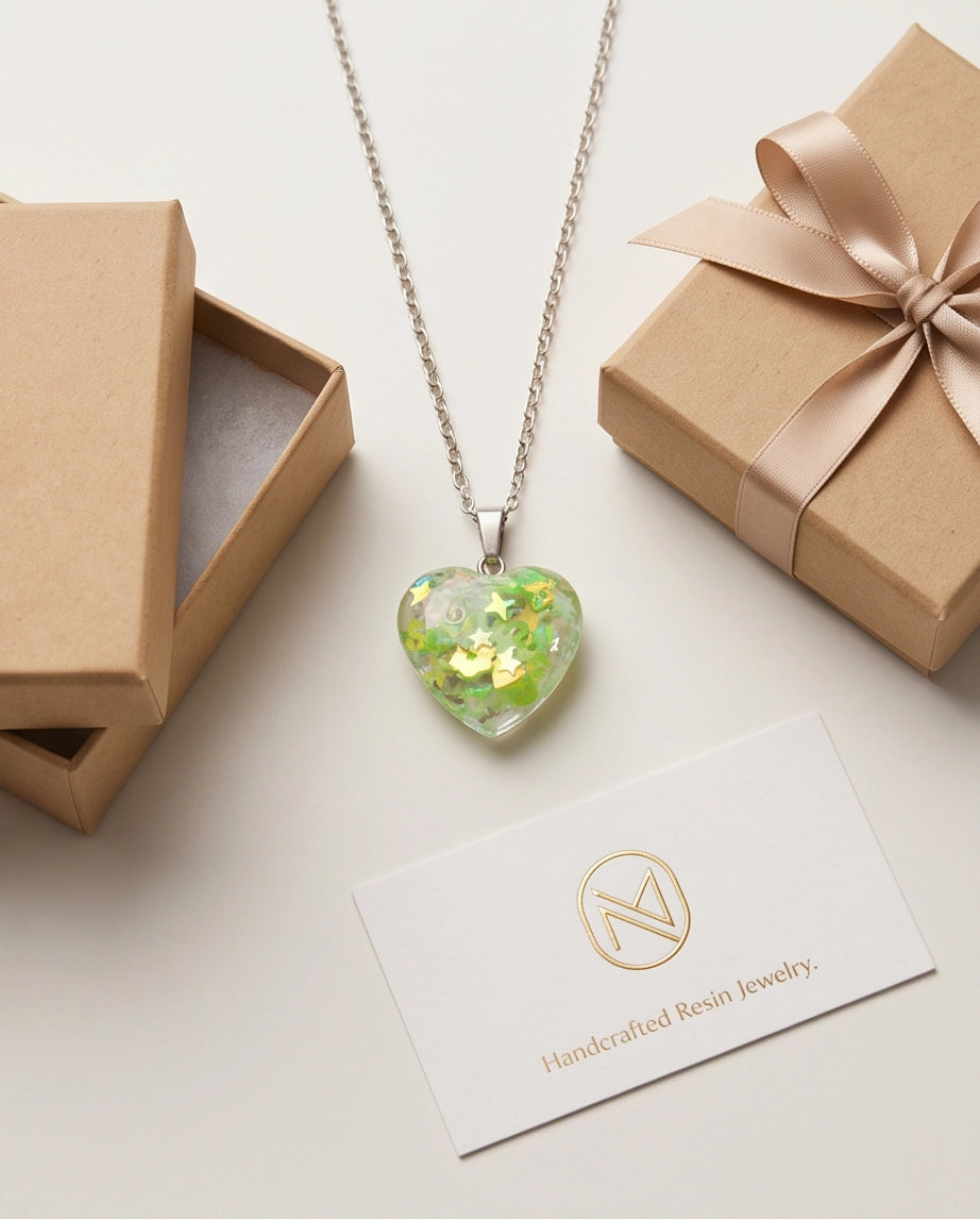 Silver Lime Green Glitter Heart Resin Pendant Necklace