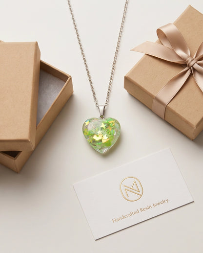 Silver Lime Green Glitter Heart Resin Pendant Necklace