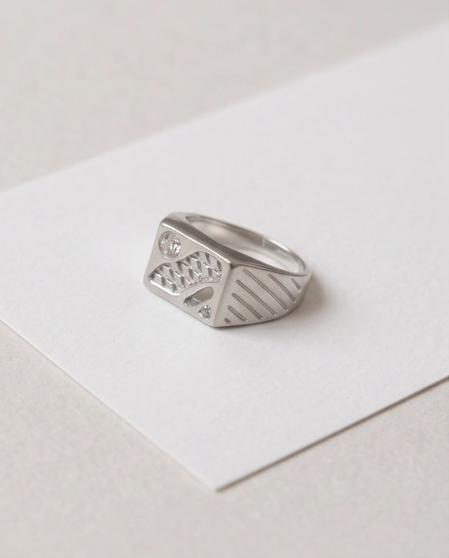 Abstract Textured Multi-Inlay Asymmetrical Signet Silver Ring
