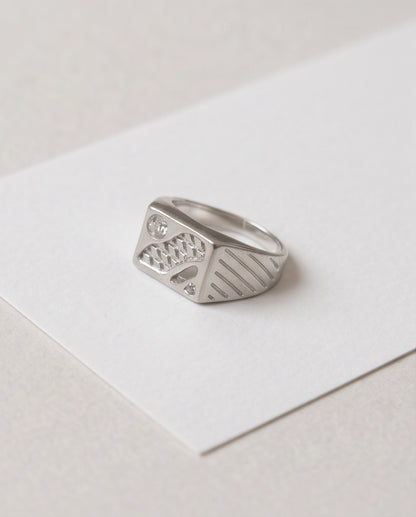 Abstract Textured Multi-Inlay Asymmetrical Signet Silver Ring