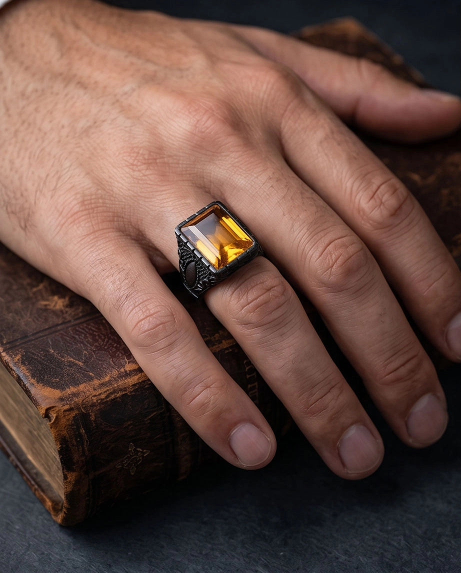 Matte Black Emerald-Cut Amber Citrine Signet Ring