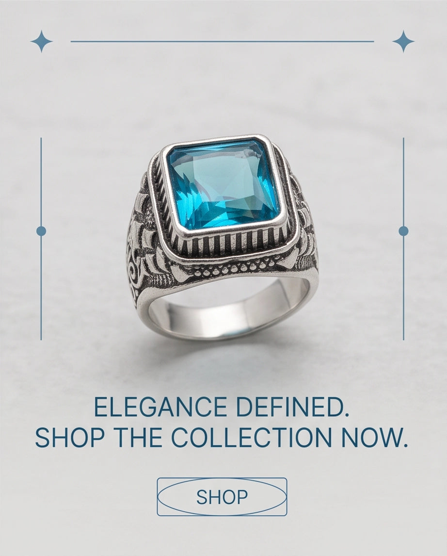 Radiant Cyan Princess-Cut Gemstone Ornate Bezel Silver Ring