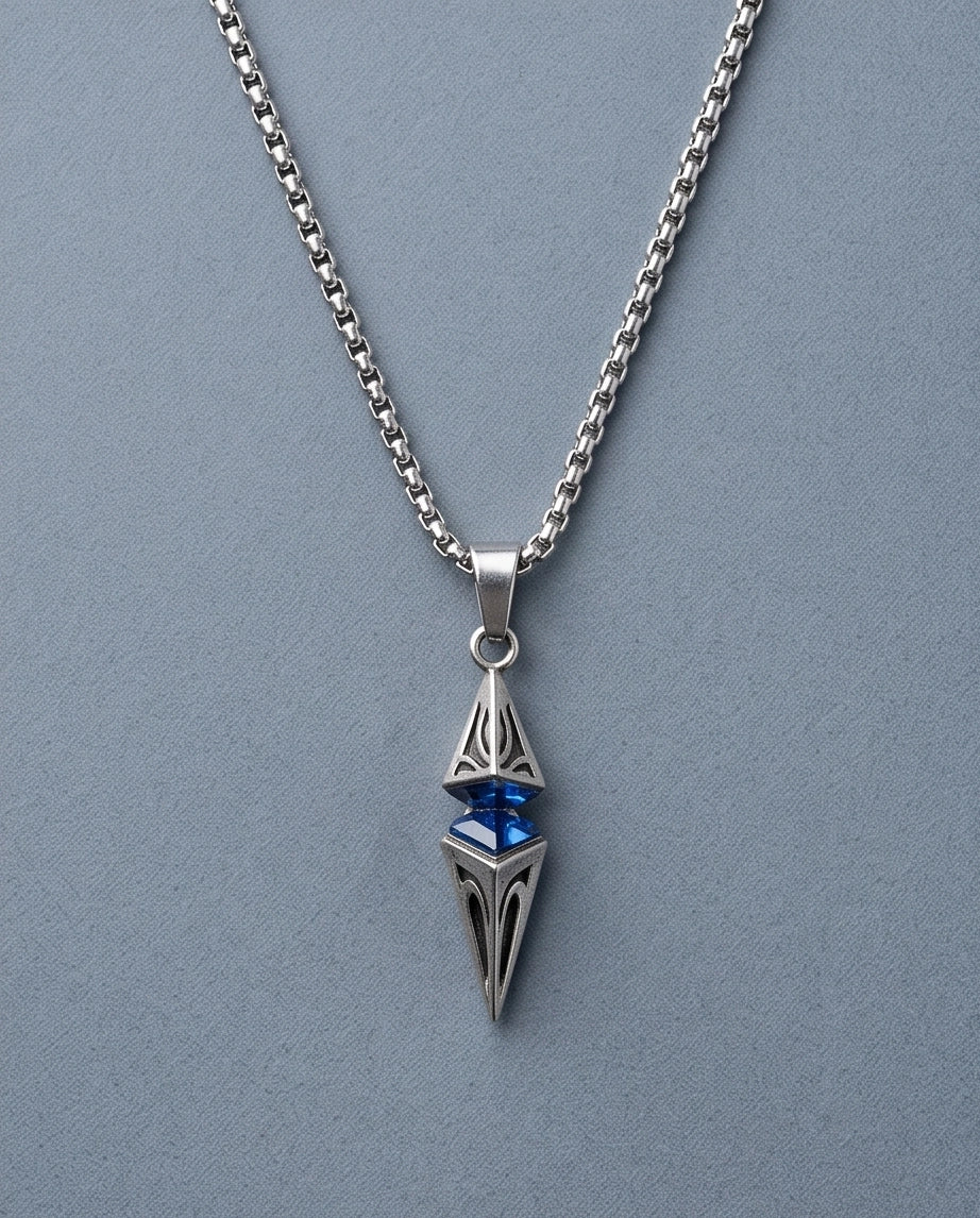 Silver Sapphire Pointed Pendulum Cage Pendant Necklace