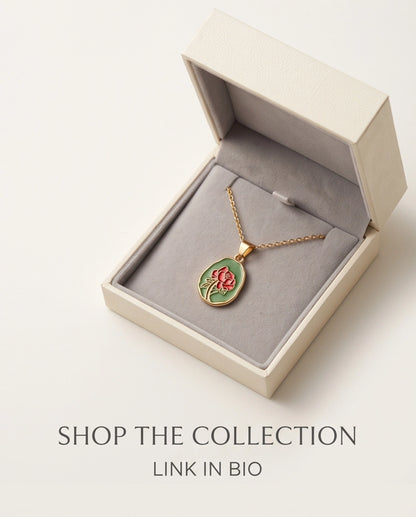 Gold Red Rose Enamel Medallion Chain Necklace