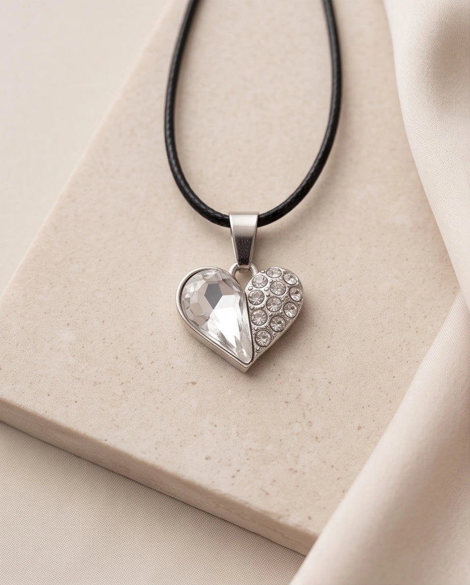 Silver Clear Crystal Heart Pavé Pendant Necklace