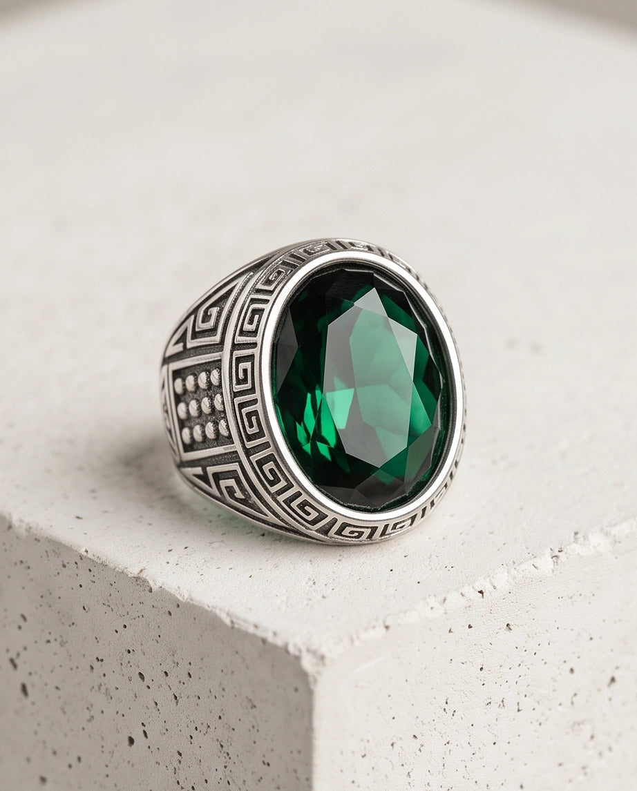 Emerald Gemstone Greek Key Bezel Studded Silver Ring