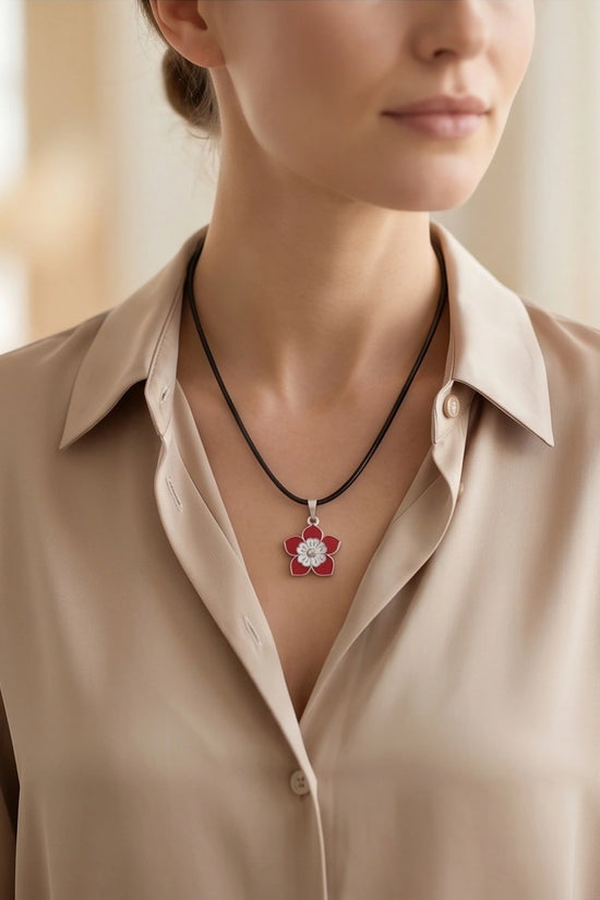 Vibrant Red and White Layered Floral Enamel Pendant Necklace