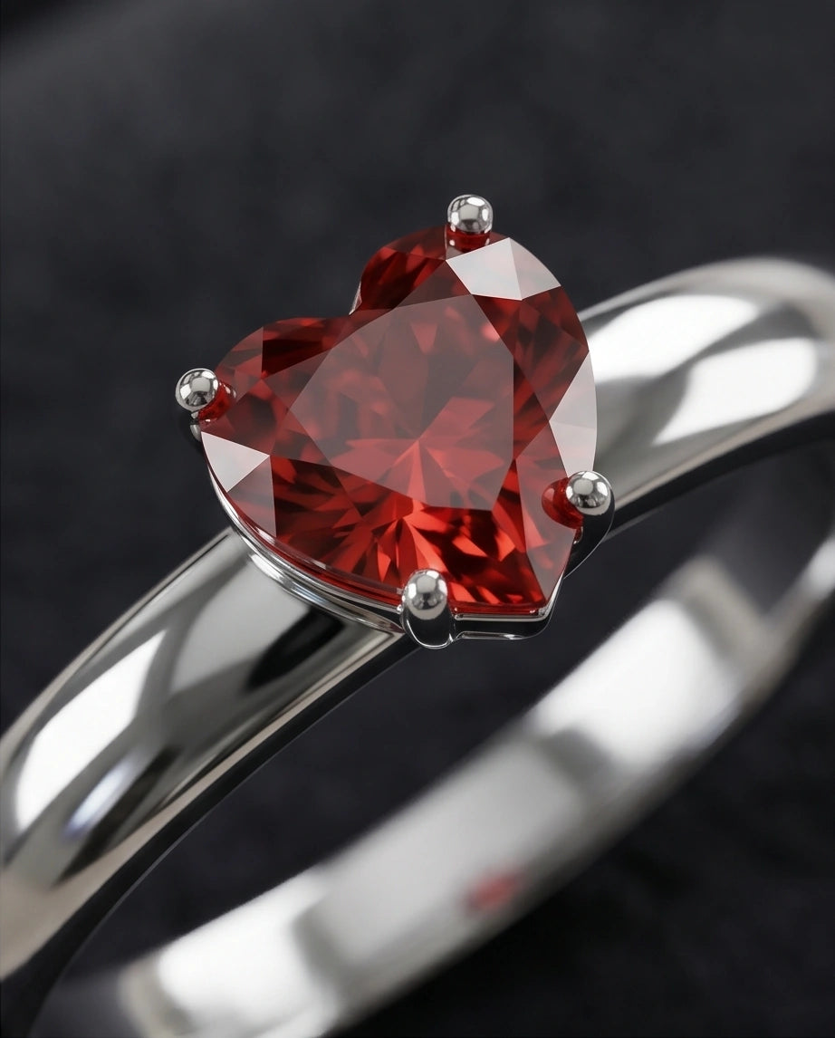 Sterling Silver Heart-Cut Red Garnet Solitaire Ring