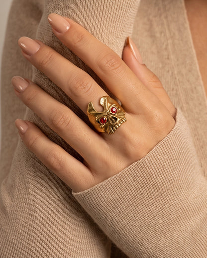 Ruby-Eyed Gothic Horned Skull Gold Ring