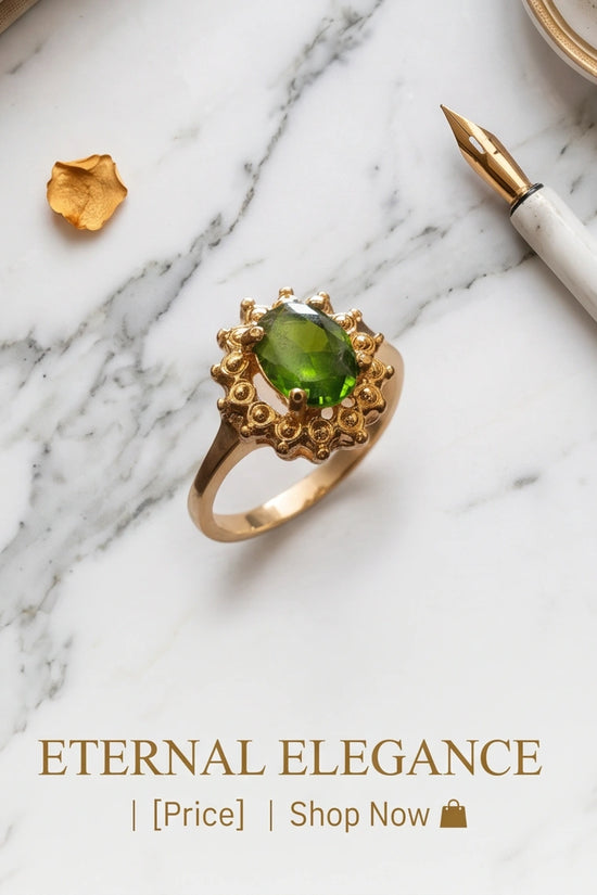 Vintage 14K Gold Oval Peridot Victorian Halo Ring