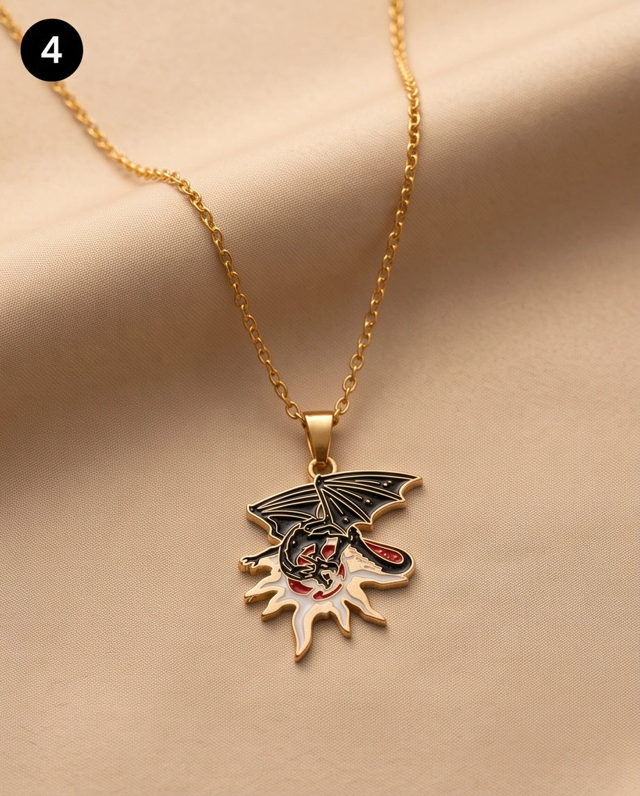 Gold Celestial Sun Dragon Enamel Pendant Necklace