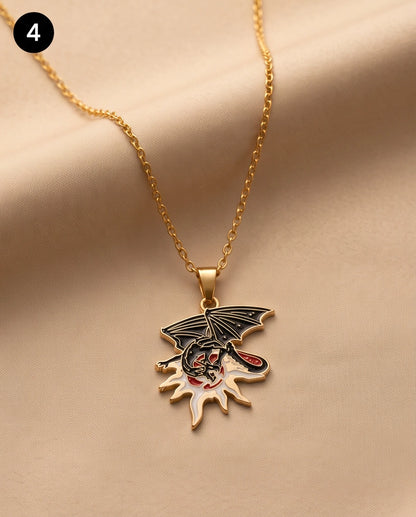 Gold Celestial Sun Dragon Enamel Pendant Necklace