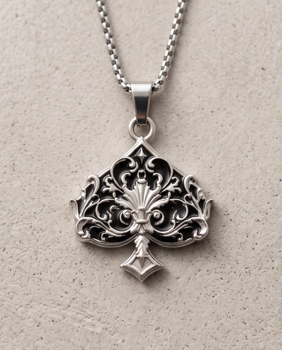 Silver Filigree Ace of Spades Pendant Necklace