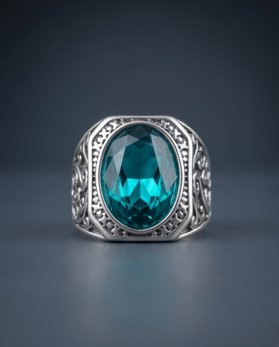 Teal Gemstone Octagonal Bezel Scrollwork Silver Ring