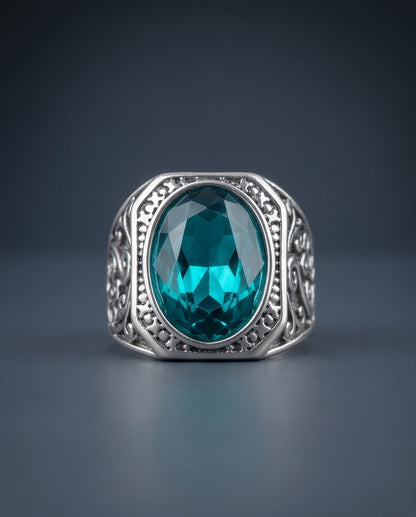 Teal Gemstone Octagonal Bezel Scrollwork Silver Ring
