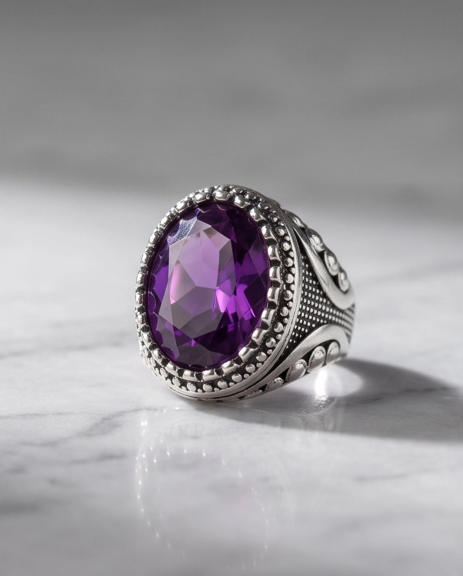 Amethyst Gemstone Beaded Bezel Filigree Silver Ring