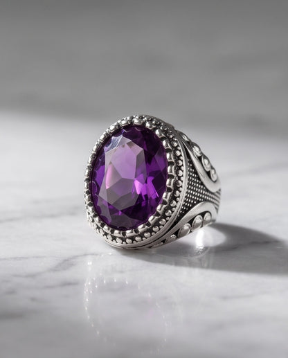 Amethyst Gemstone Beaded Bezel Filigree Silver Ring