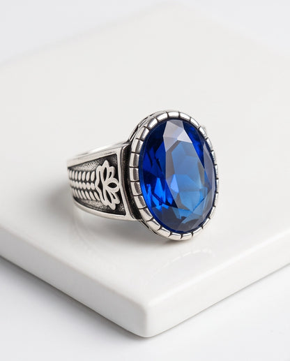 Sapphire Gemstone Notched Bezel Floral Scale Silver Ring
