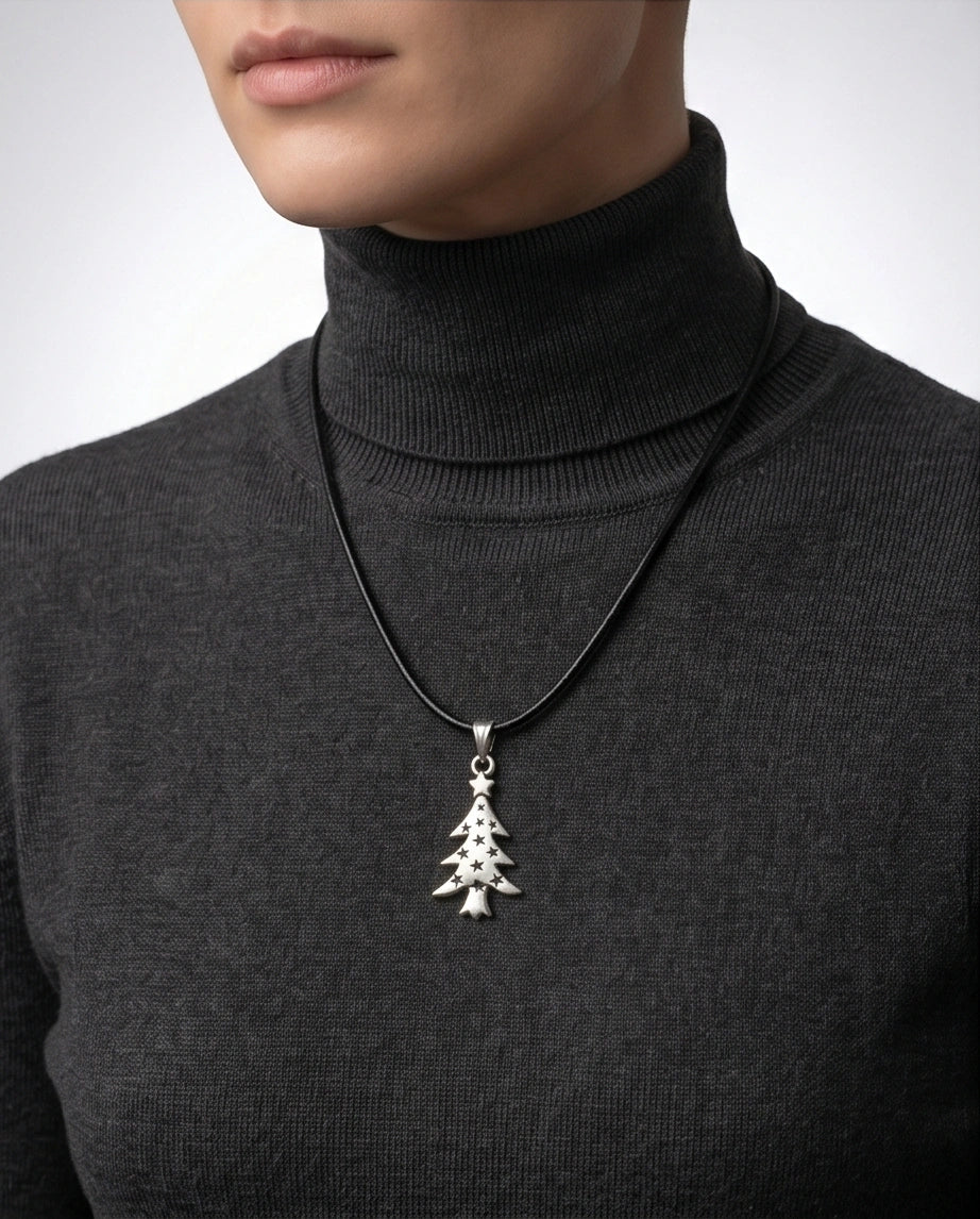 The Starry Pine: Minimalist Matte Silver Christmas Tree Pendant Necklace
