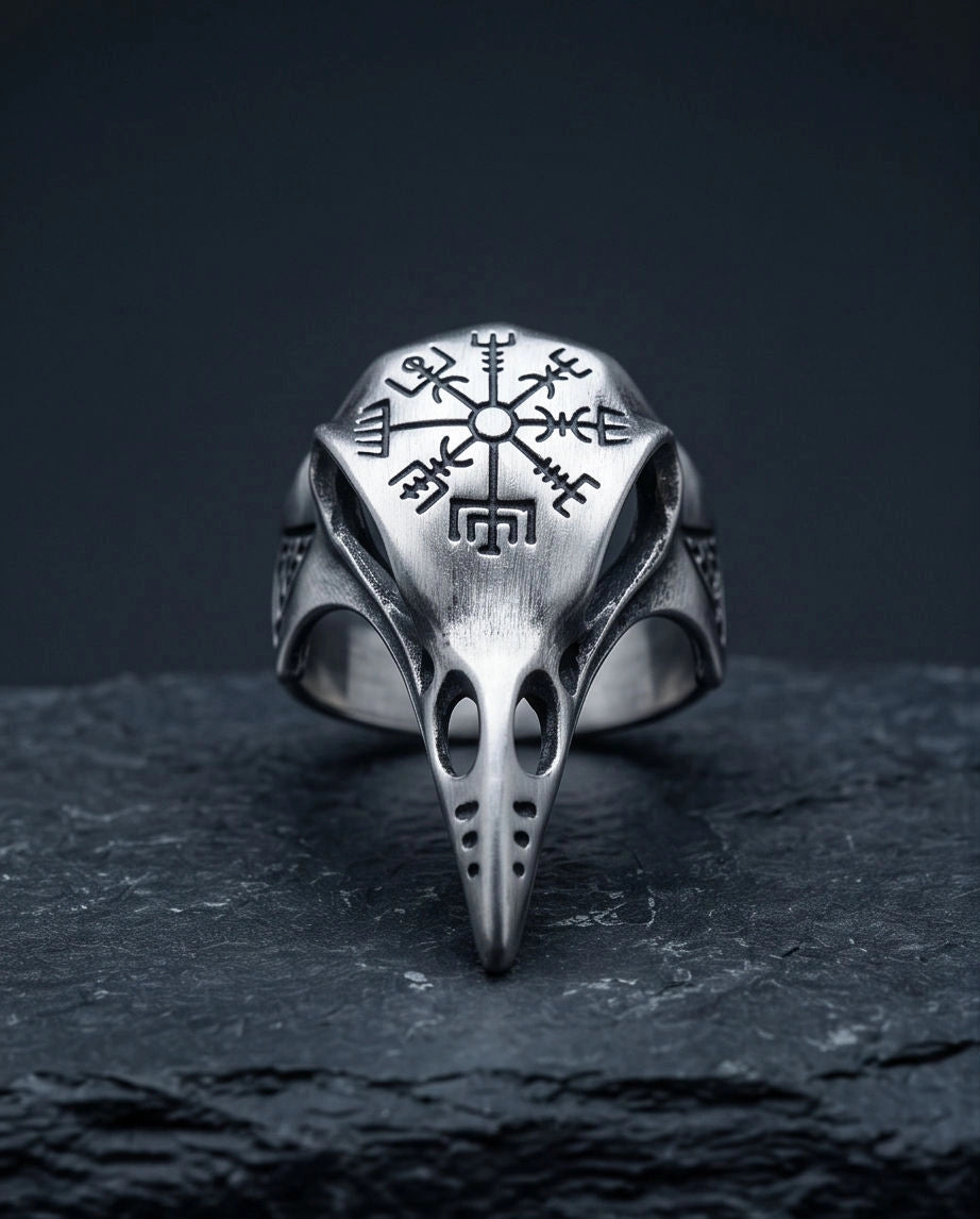 Oxidized Silver Raven Skull Vegvisir Ring