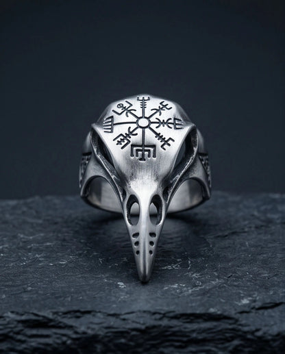 Oxidized Silver Raven Skull Vegvisir Ring
