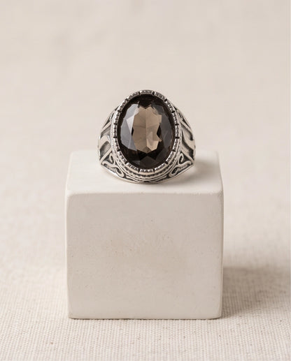 Smoky Quartz Oval-Cut Gemstone Beaded Bezel Silver Ring