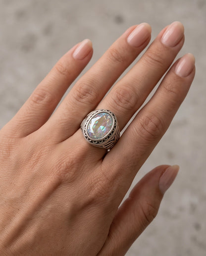 Mystic Rainbow Iridescent Oval-Cut Gemstone Ornate Bezel Silver Ring