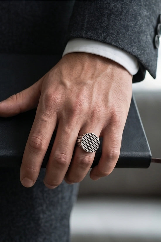 Sterling Silver Industrial Perforated Round Signet Ring