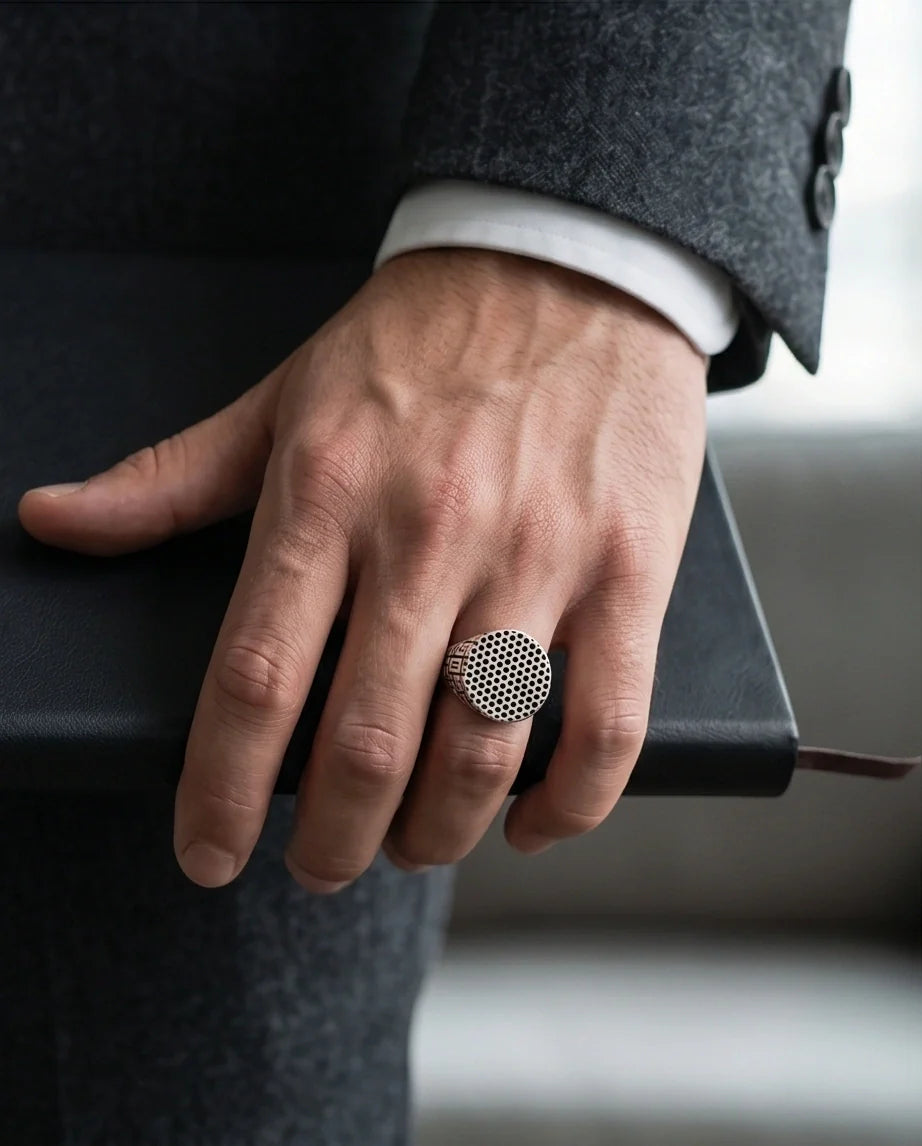 Sterling Silver Industrial Perforated Round Signet Ring