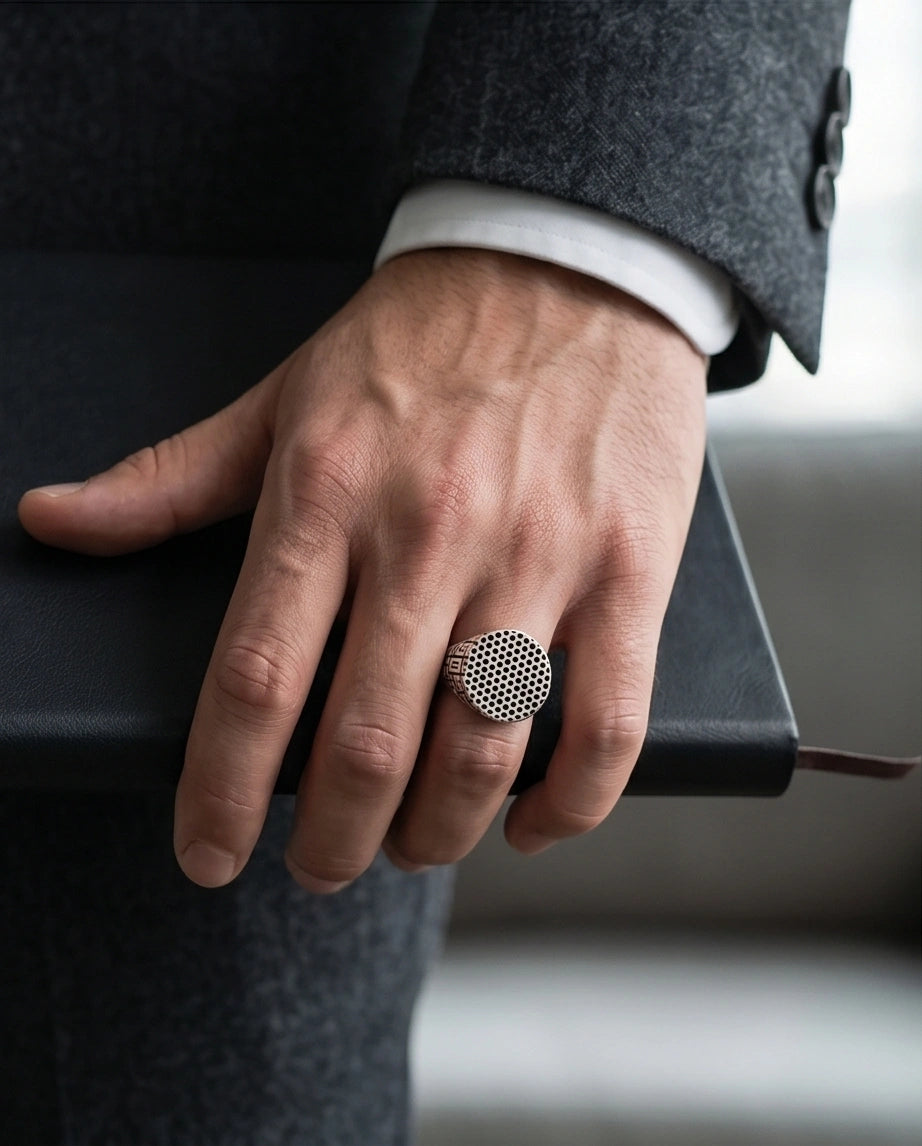 Sterling Silver Industrial Perforated Round Signet Ring