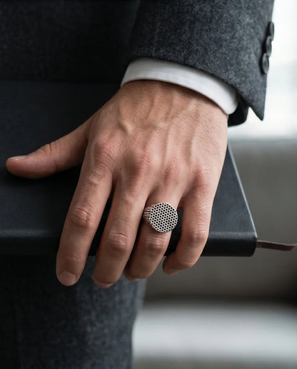 Sterling Silver Industrial Perforated Round Signet Ring