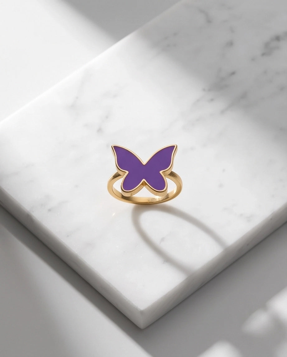 Gold Purple Butterfly Enamel Ring