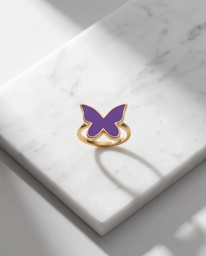 Gold Purple Butterfly Enamel Ring