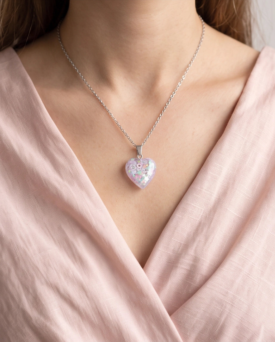 Silver Lavender Glitter Heart Resin Pendant Necklace