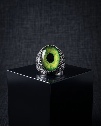 Lime-Green Elliptical-Pupil Dragon-Eye Ornate Scrollwork Silver Ring