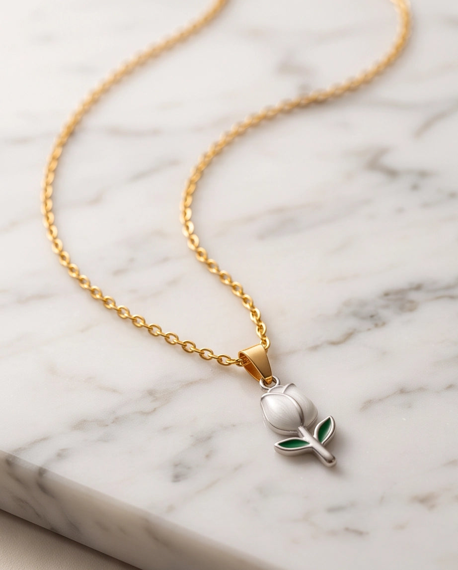 Silver White Enamel Tulip Pendant Necklace